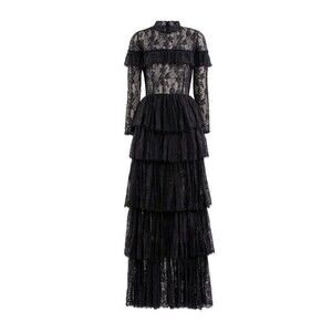 Saiid Kobeisy Intricate Black Lace Maxi Dress With Layered Skirt - NWT